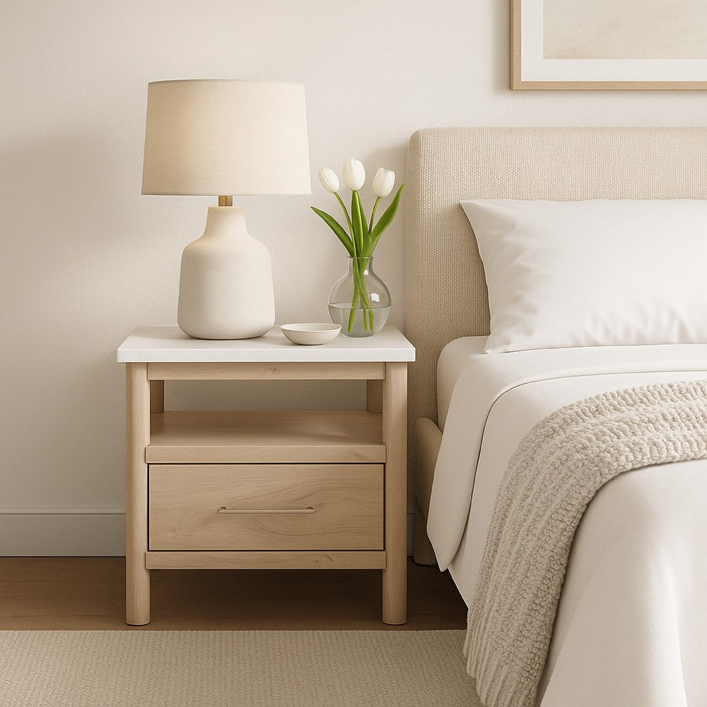 Benjara Mooran Nightstand, 1 Drawer w USB-C, Marble Finish Top, Brown Beige