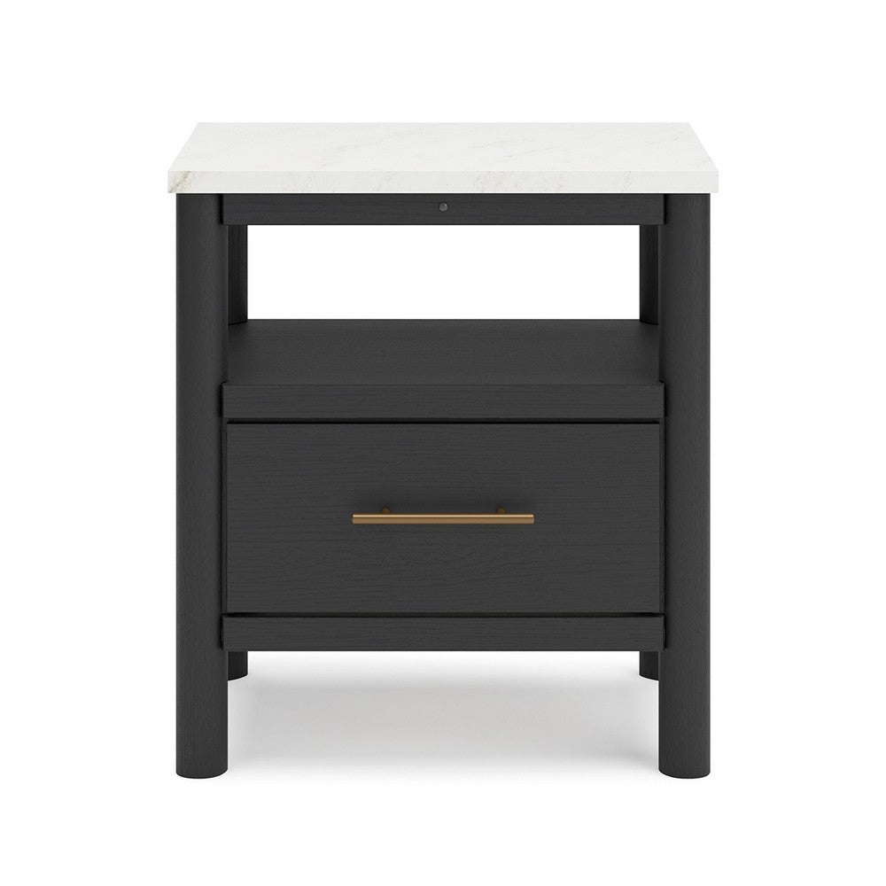 Benjara Mooran Nightstand, 1 Drawer w USB, White Marble Finish Top, Black