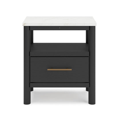 Benjara Mooran Nightstand, 1 Drawer w USB, White Marble Finish Top, Black