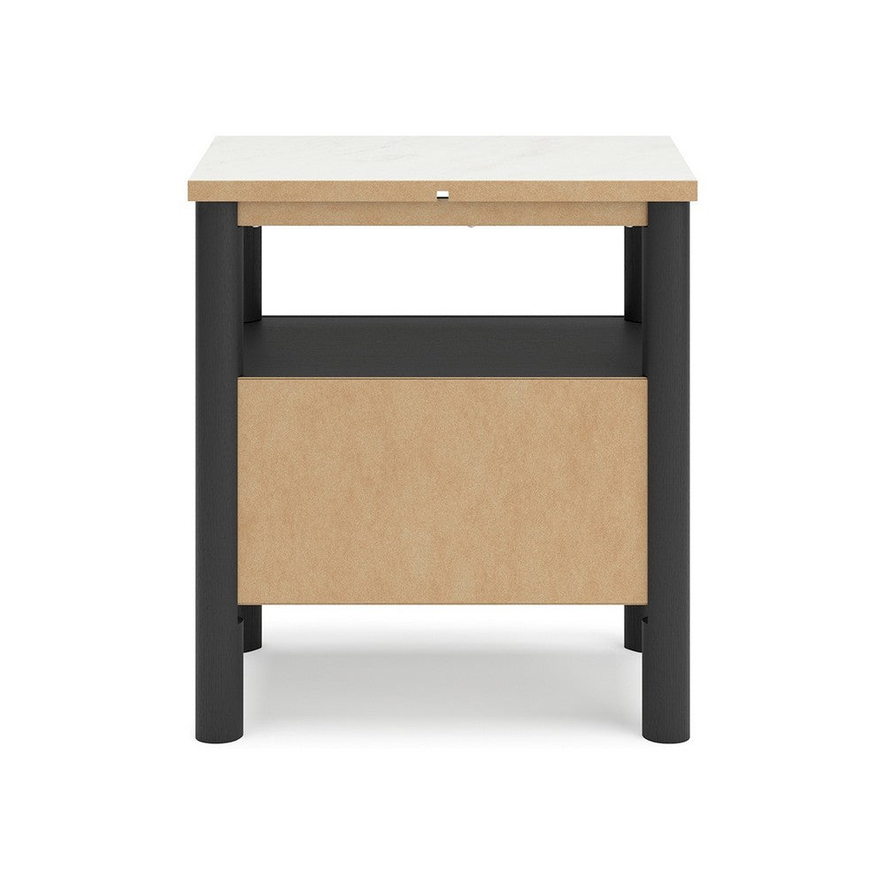 Benjara Mooran Nightstand, 1 Drawer w USB, White Marble Finish Top, Black