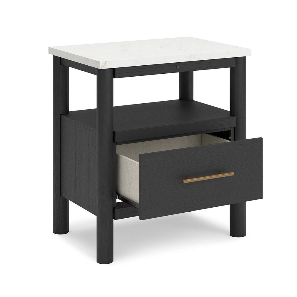 Benjara Mooran Nightstand, 1 Drawer w USB, White Marble Finish Top, Black
