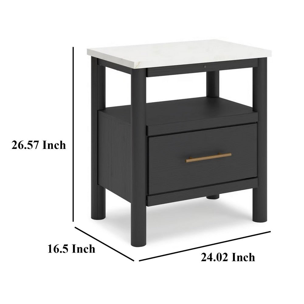 Benjara Mooran Nightstand, 1 Drawer w USB, White Marble Finish Top, Black