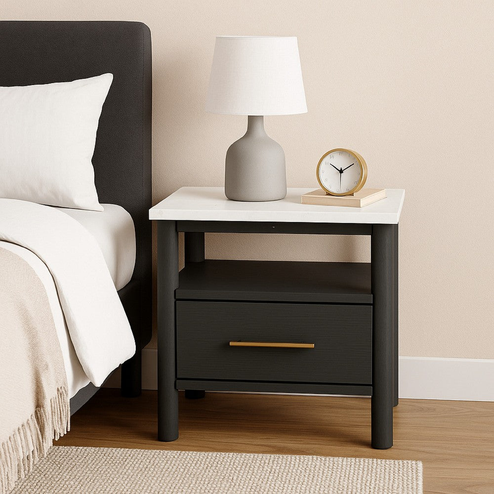 Benjara Mooran Nightstand, 1 Drawer w USB, White Marble Finish Top, Black