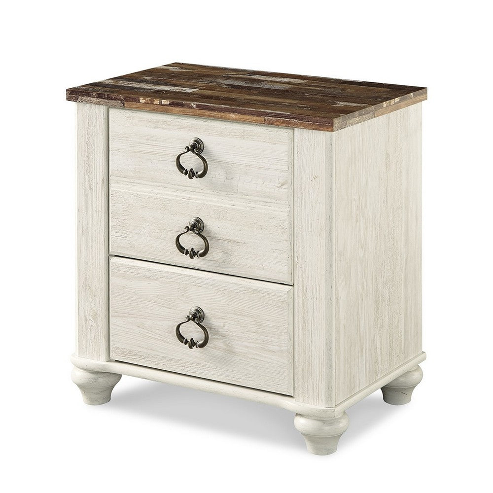 Benjara Isla Nightstand, 2 Drawers, 2 USB, Brown Wood Top, Rustic Whitewash