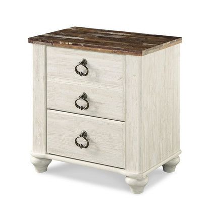 Benjara Isla Nightstand, 2 Drawers, 2 USB, Brown Wood Top, Rustic Whitewash