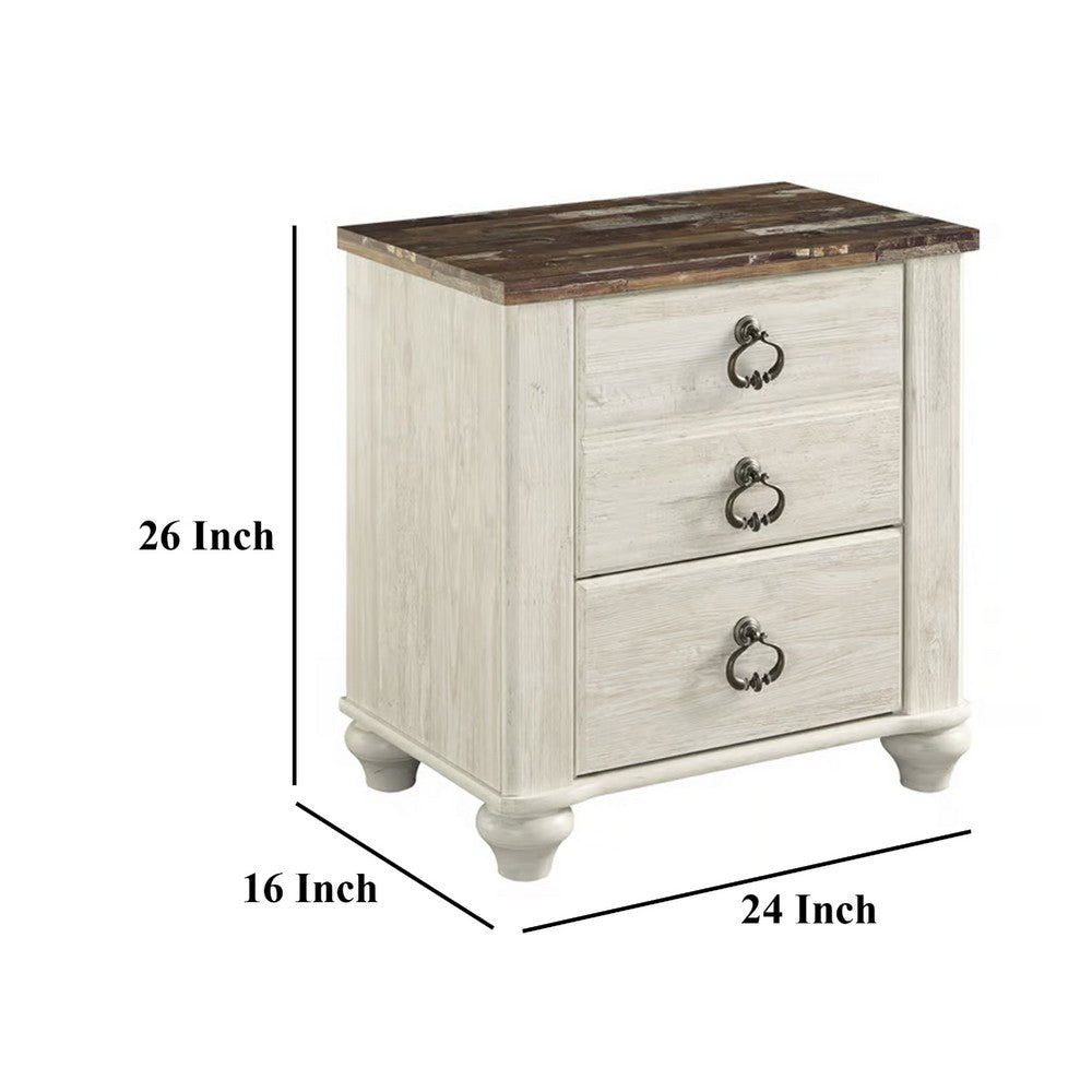 Benjara Isla Nightstand, 2 Drawers, 2 USB, Brown Wood Top, Rustic Whitewash