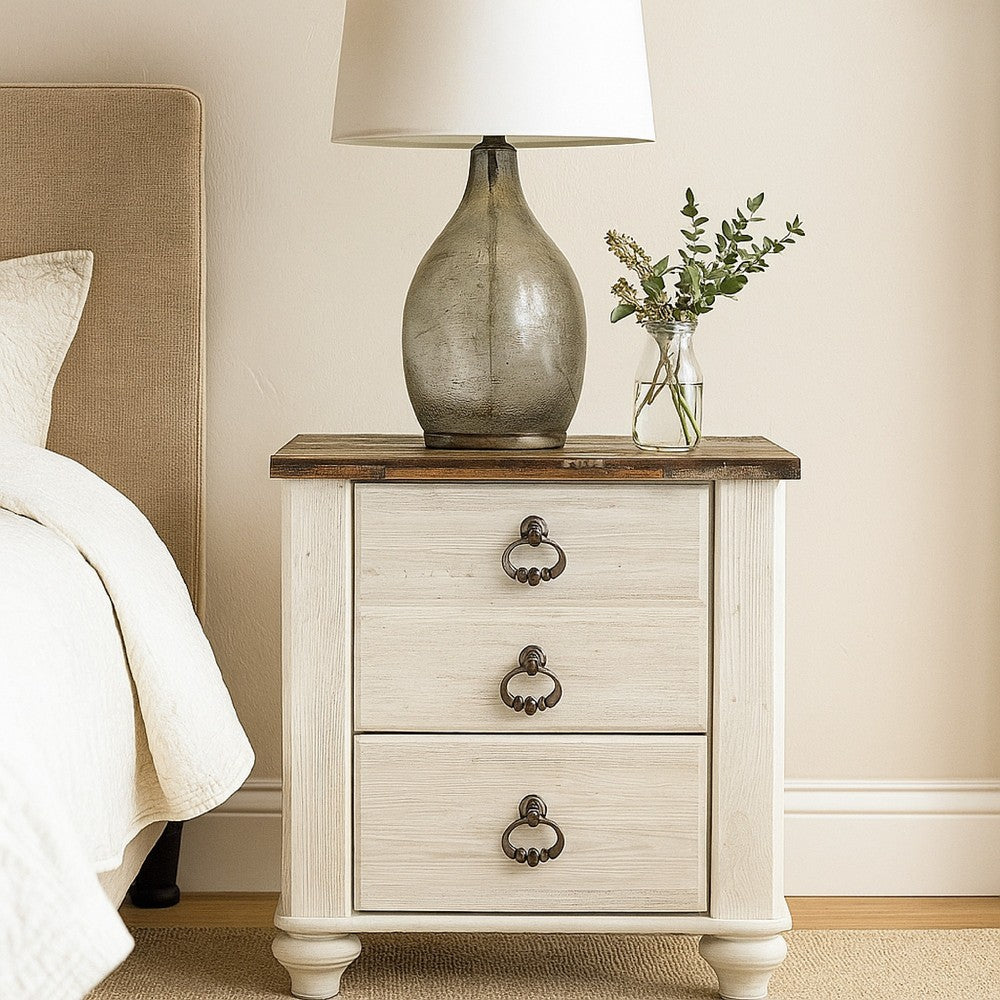 Benjara Isla Nightstand, 2 Drawers, 2 USB, Brown Wood Top, Rustic Whitewash
