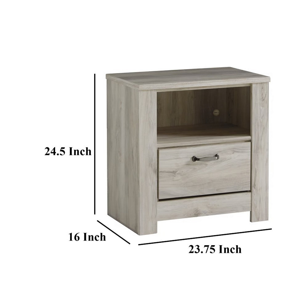 Benjara Simon Nightstand, Drawer And USB, Rustic Gray Laminate Whitewash