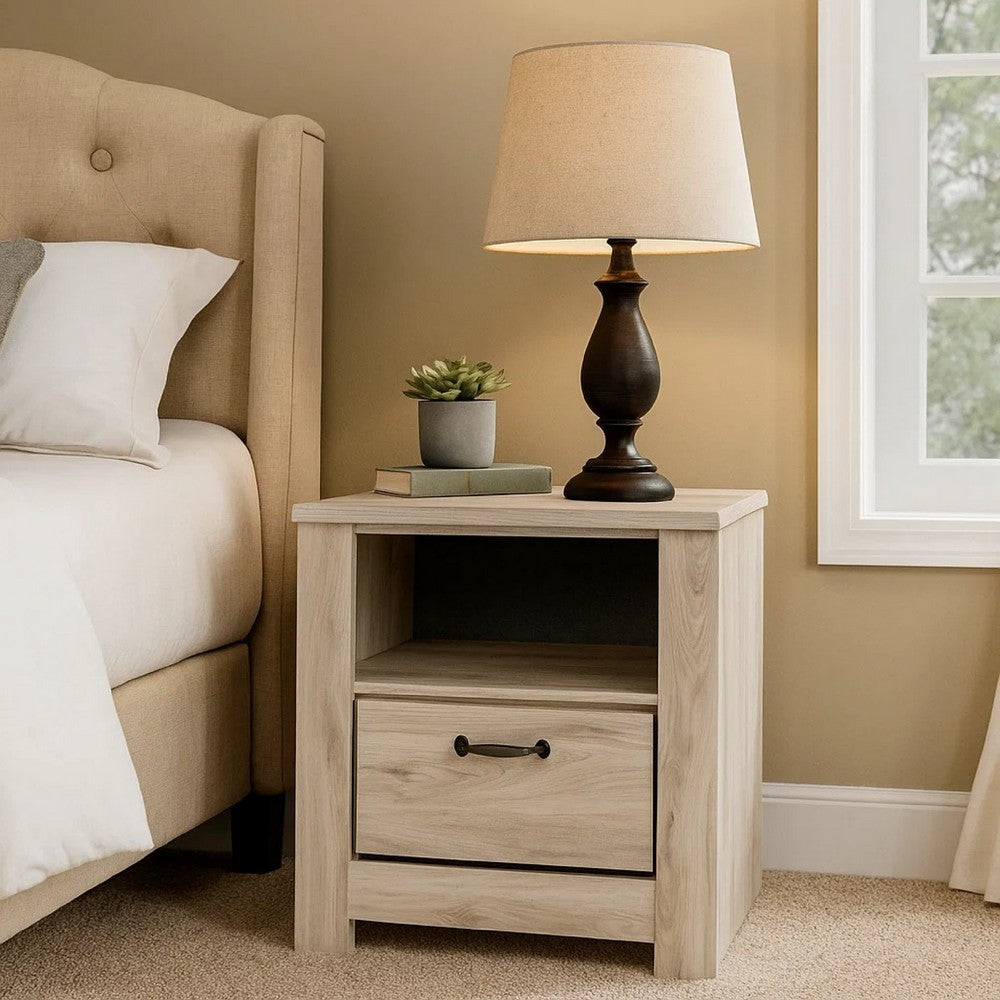 Benjara Simon Nightstand, Drawer And USB, Rustic Gray Laminate Whitewash