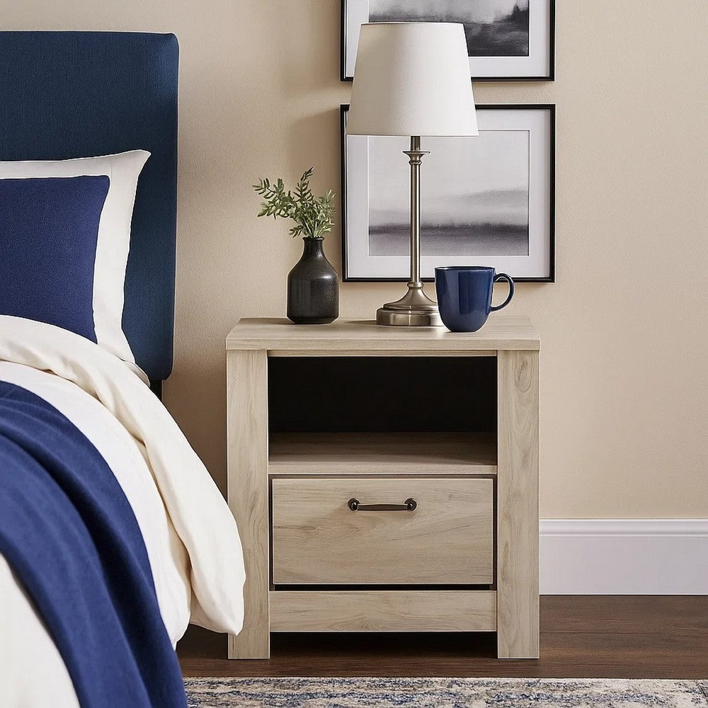 Benjara Simon Nightstand, Drawer And USB, Rustic Gray Laminate Whitewash