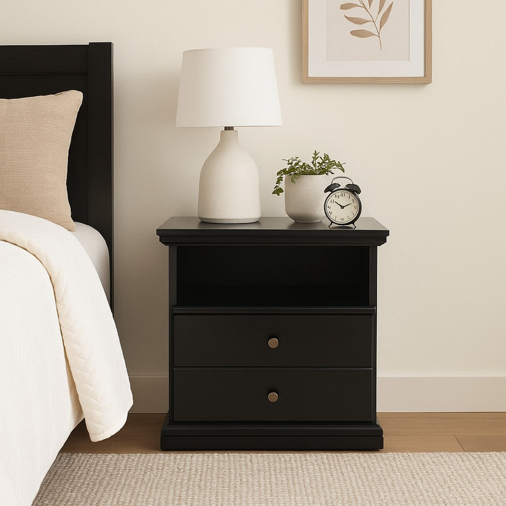 Benjara Boli Nightstand, 1 Storage Drawers, 24 Inch, Black Molded Trim Details