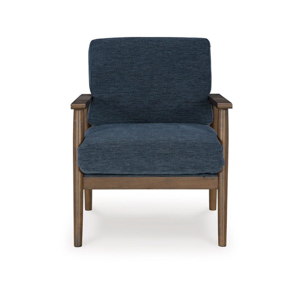 Benjara Bixy Accent Chair, 31 Inch, Brown Wood Armrests, Dark Blue Polyester