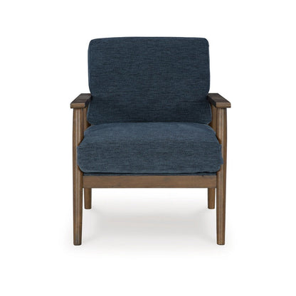 Benjara Bixy Accent Chair, 31 Inch, Brown Wood Armrests, Dark Blue Polyester