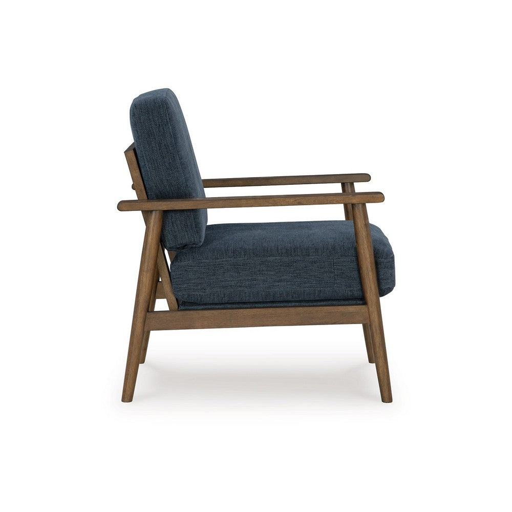 Benjara Bixy Accent Chair, 31 Inch, Brown Wood Armrests, Dark Blue Polyester