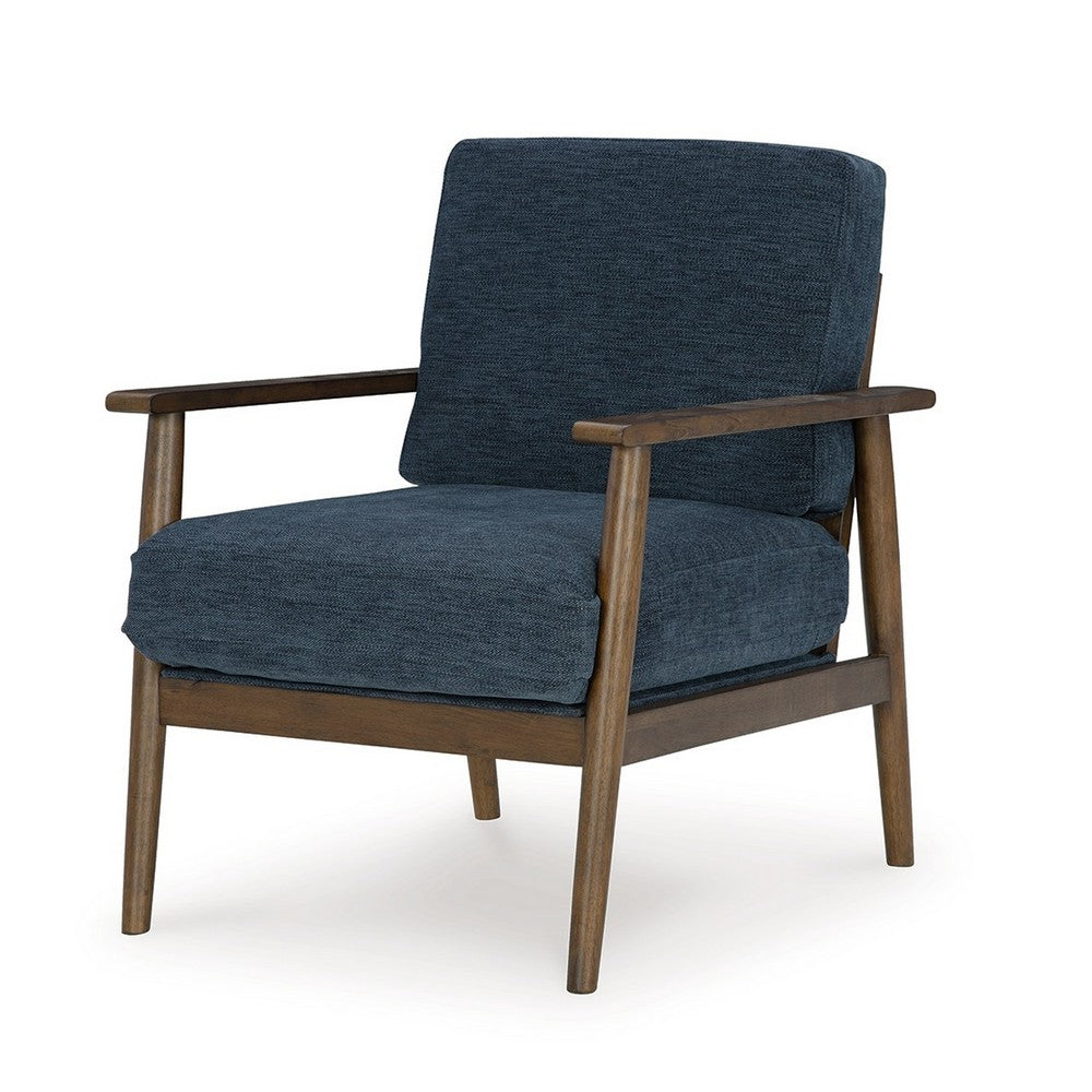 Benjara Bixy Accent Chair, 31 Inch, Brown Wood Armrests, Dark Blue Polyester