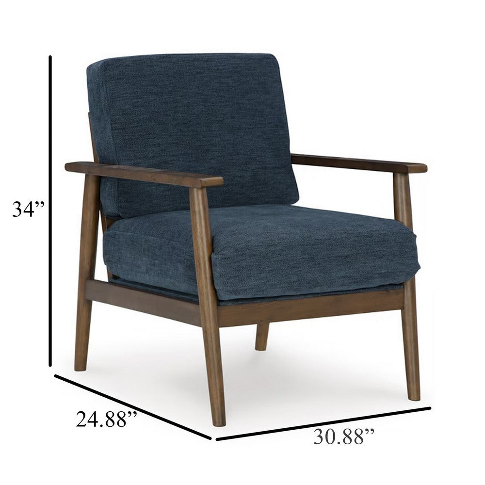 Benjara Bixy Accent Chair, 31 Inch, Brown Wood Armrests, Dark Blue Polyester