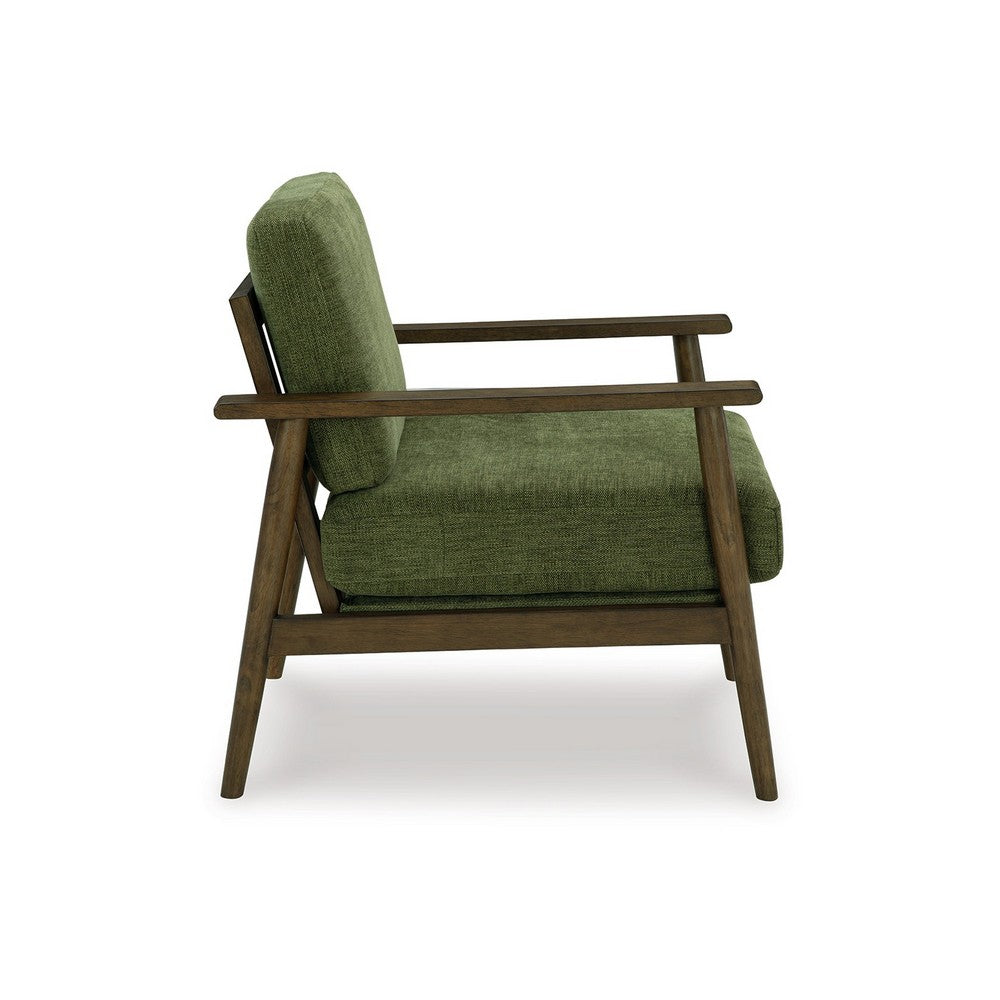 Benjara Bixy Accent Chair, 31 Inch, Brown Wood Armrests, Dark Green Polyester