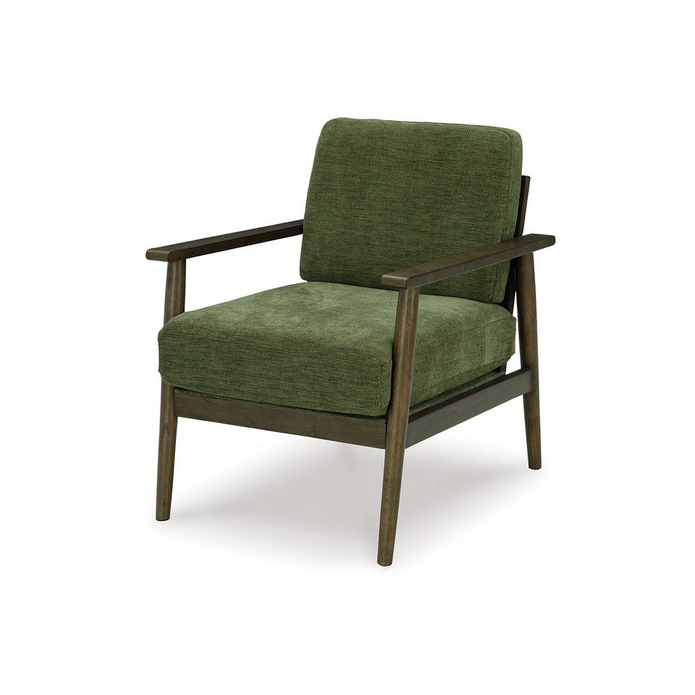 Benjara Bixy Accent Chair, 31 Inch, Brown Wood Armrests, Dark Green Polyester
