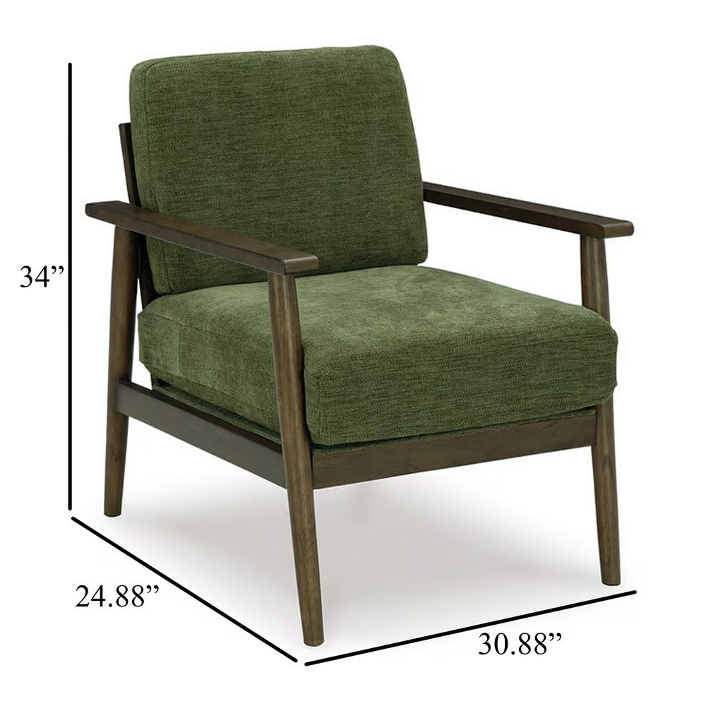 Benjara Bixy Accent Chair, 31 Inch, Brown Wood Armrests, Dark Green Polyester