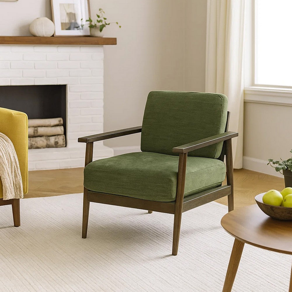 Benjara Bixy Accent Chair, 31 Inch, Brown Wood Armrests, Dark Green Polyester