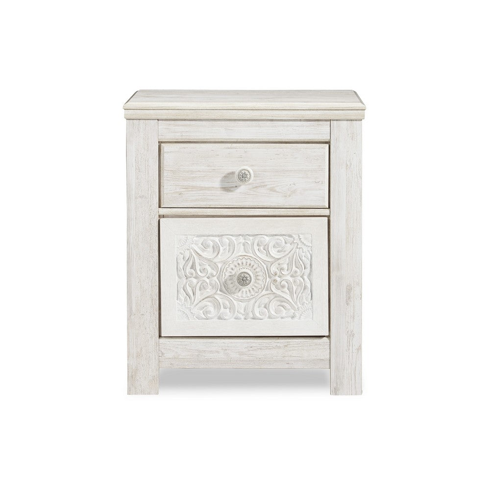 Benjara Paxy Nightstand, 2 Drawers, 2 USB Ports, Laminate Whitewash Finish