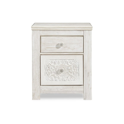 Benjara Paxy Nightstand, 2 Drawers, 2 USB Ports, Laminate Whitewash Finish