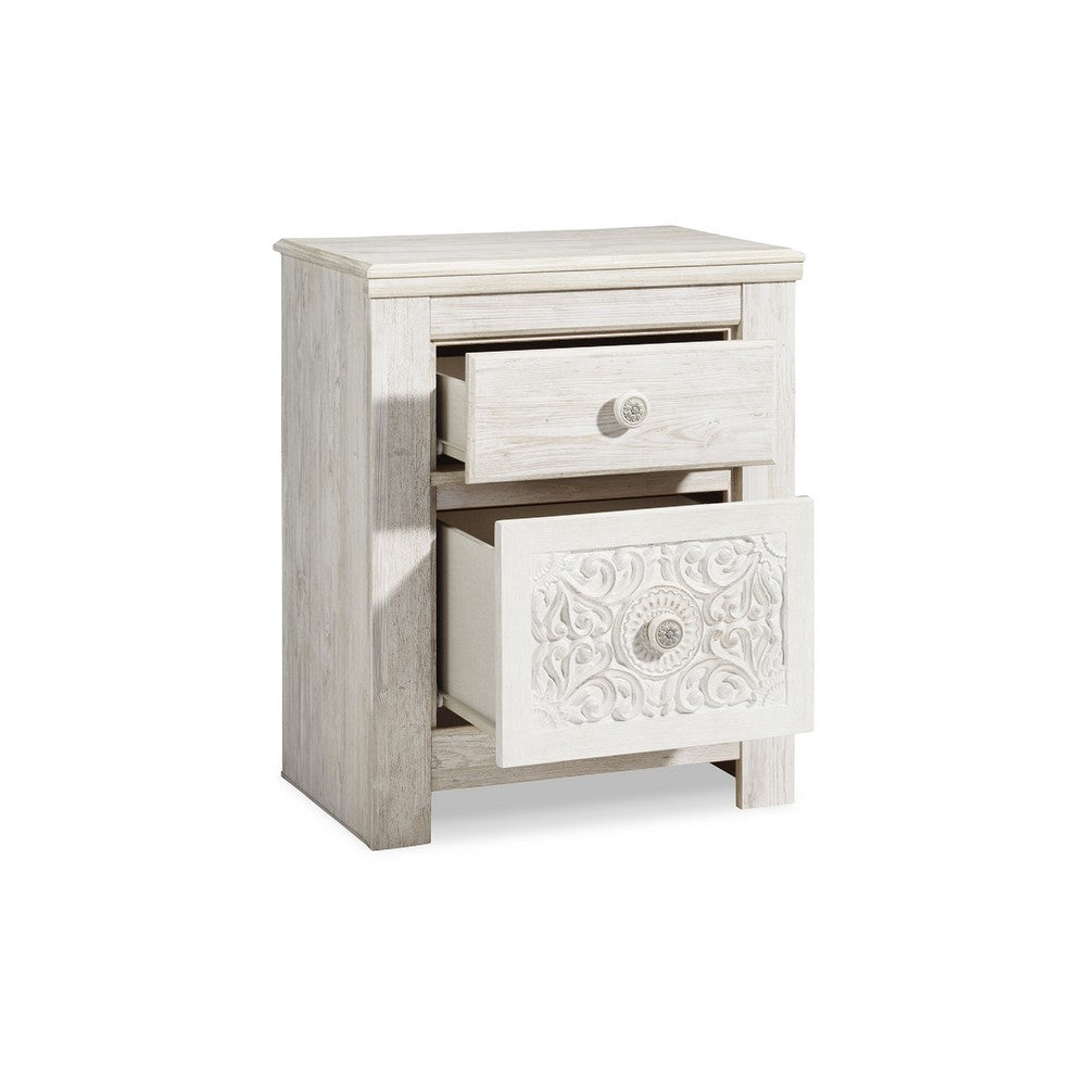 Benjara Paxy Nightstand, 2 Drawers, 2 USB Ports, Laminate Whitewash Finish