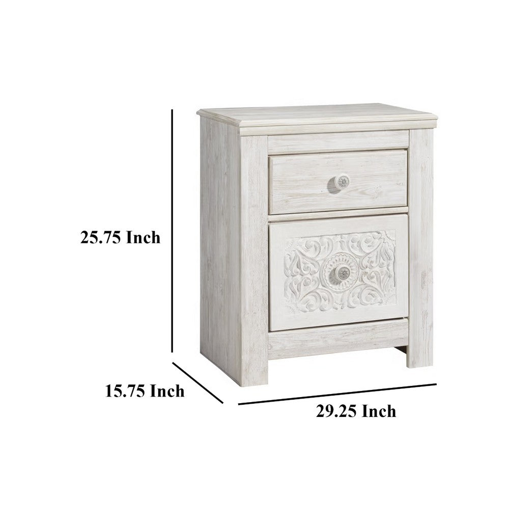 Benjara Paxy Nightstand, 2 Drawers, 2 USB Ports, Laminate Whitewash Finish
