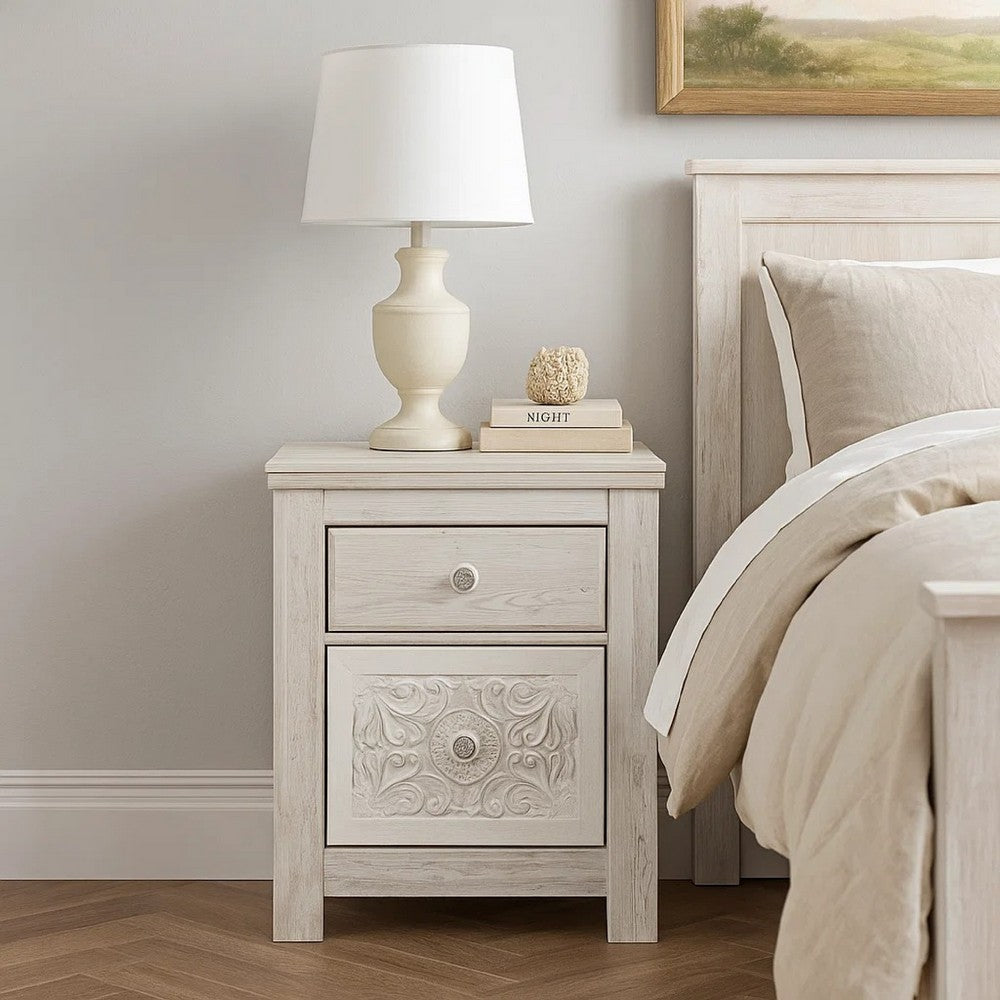 Benjara Paxy Nightstand, 2 Drawers, 2 USB Ports, Laminate Whitewash Finish