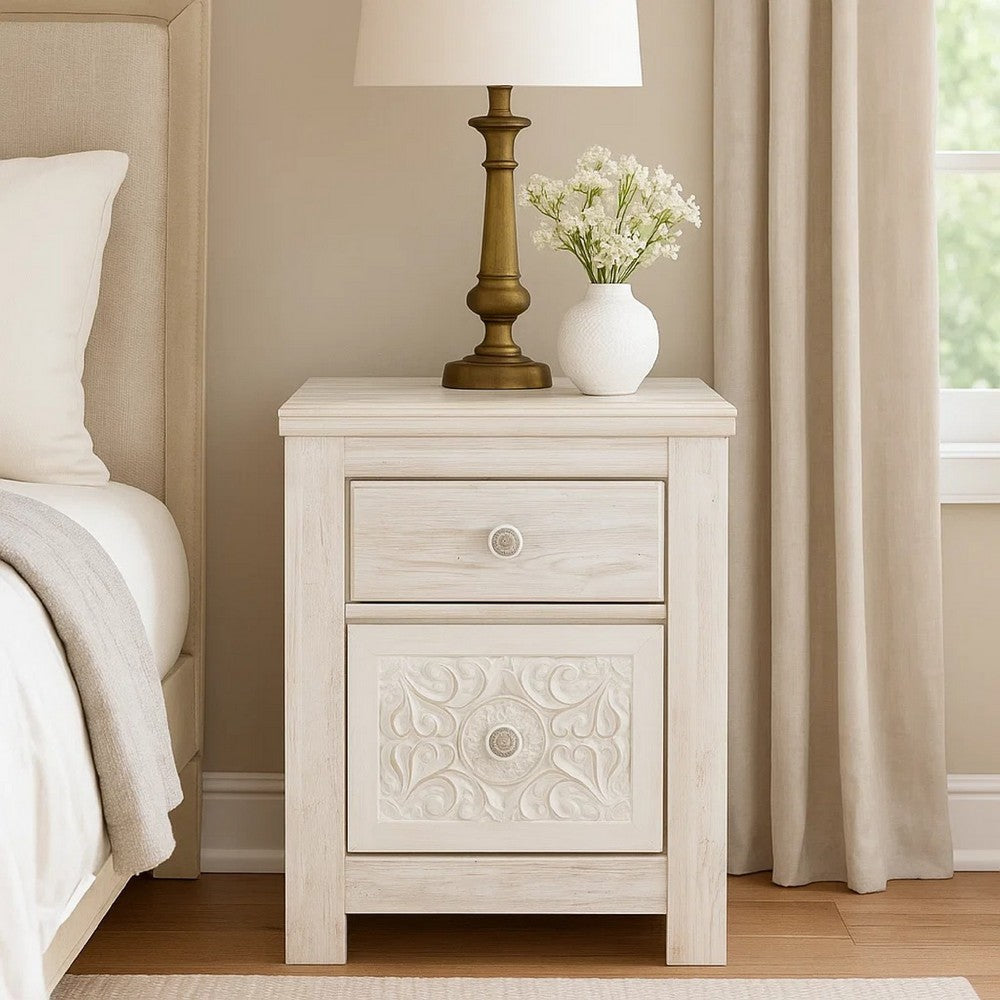 Benjara Paxy Nightstand, 2 Drawers, 2 USB Ports, Laminate Whitewash Finish