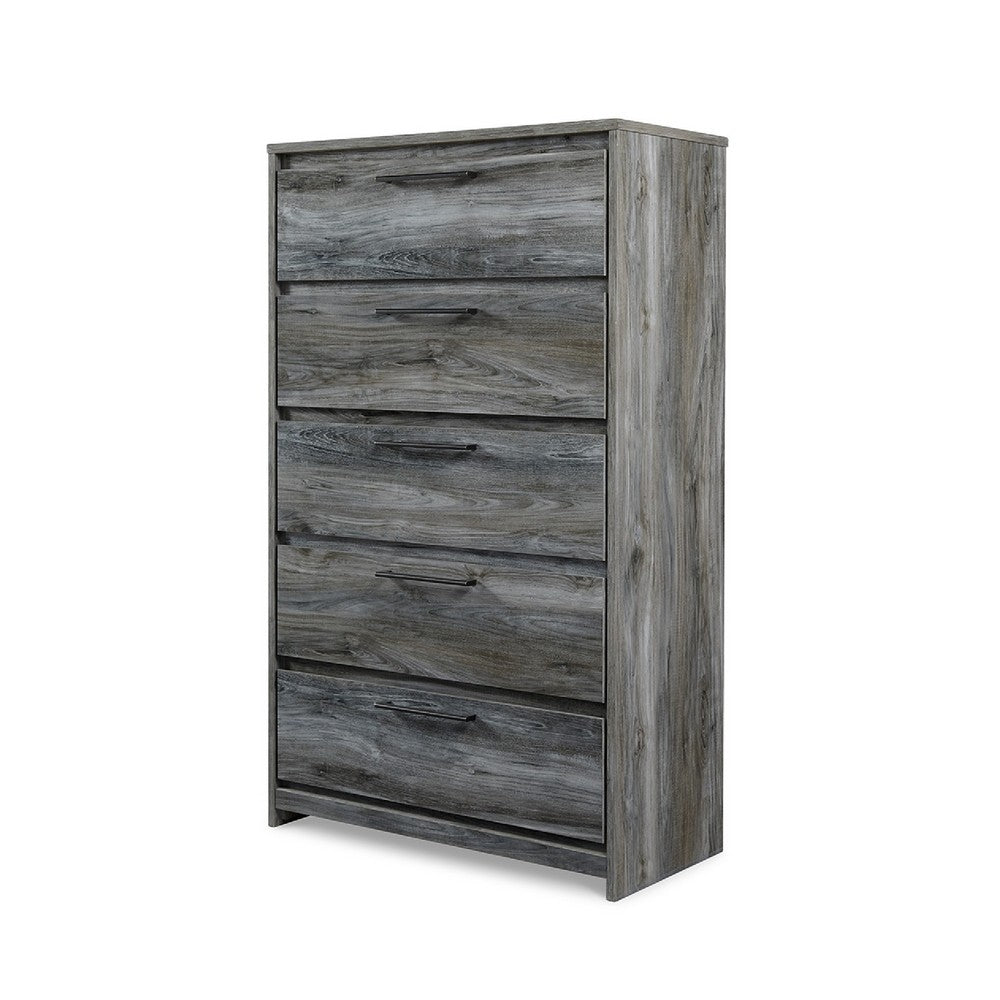 Benjara Bays Tall Dresser Chest, 5 Drawers, Modern Rustic Laminate Smoky Gray