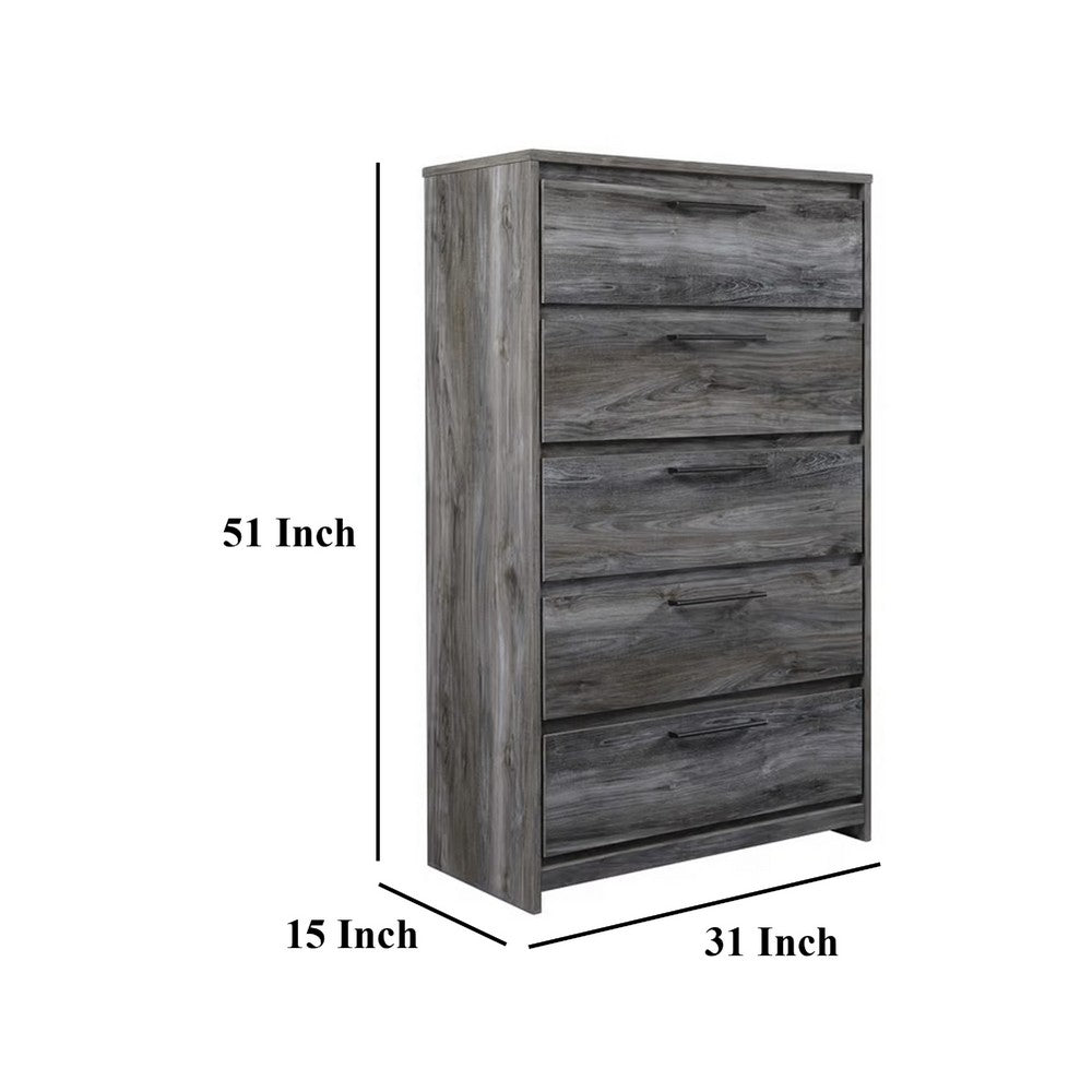 Benjara Bays Tall Dresser Chest, 5 Drawers, Modern Rustic Laminate Smoky Gray