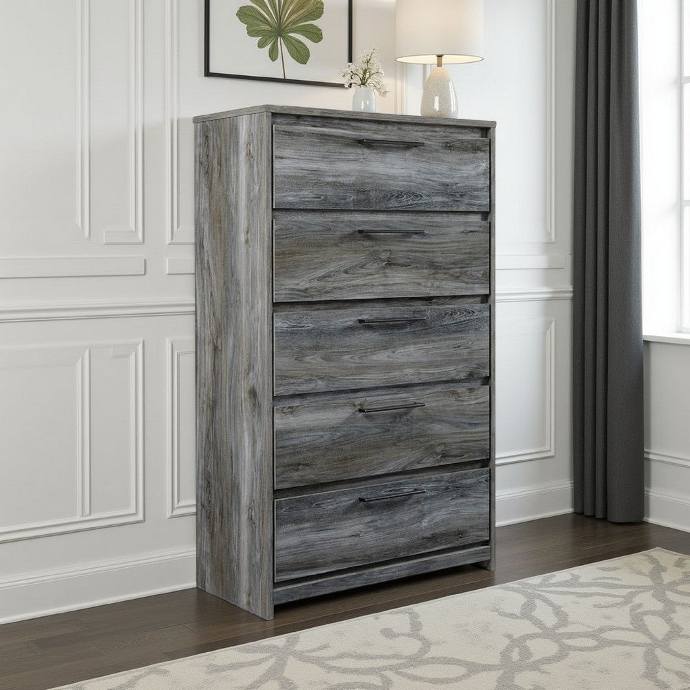 Benjara Bays Tall Dresser Chest, 5 Drawers, Modern Rustic Laminate Smoky Gray