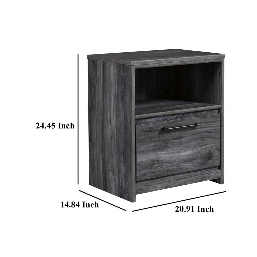 Benjara Bays Nightstand, 1 Drawer USB Port, Modern Rustic Laminate Smoky Gray
