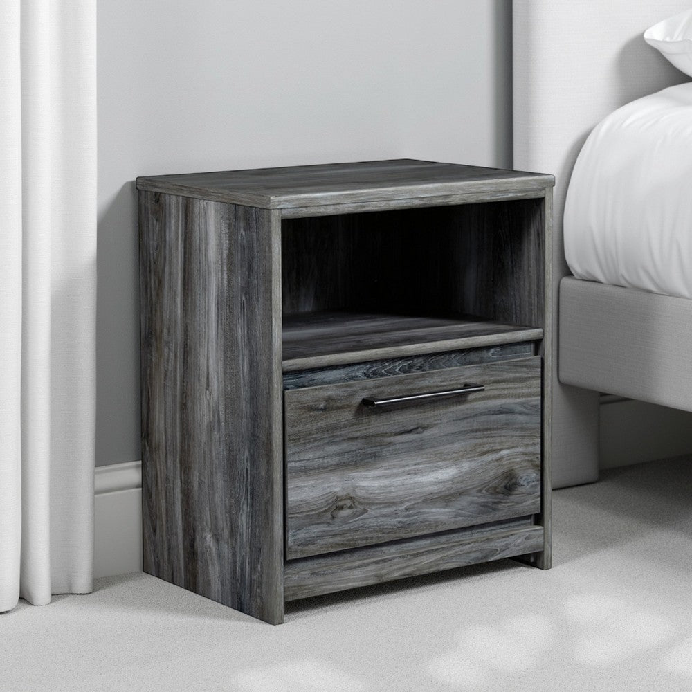 Benjara Bays Nightstand, 1 Drawer USB Port, Modern Rustic Laminate Smoky Gray
