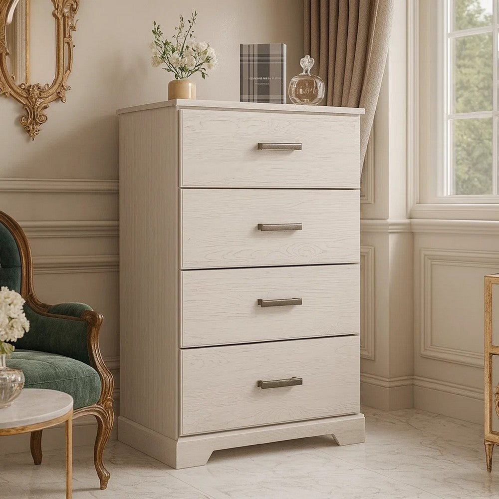 Benjara Tely Tall Dresser Chest, 4 Drawers, Modern Farmhouse Laminate White
