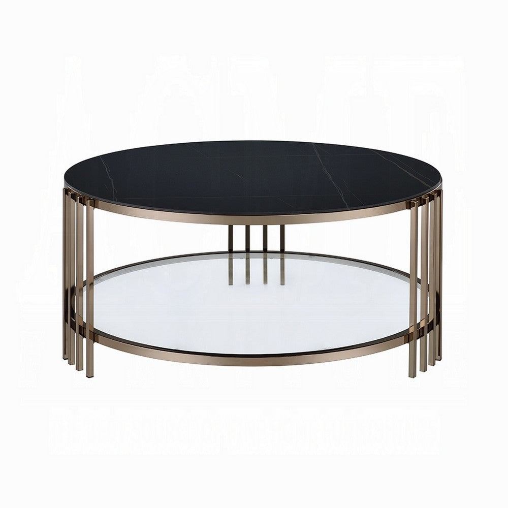 Benjara Abio Coffee Table, 35 Inch, Round Sintered Stone Top, Black And Gold