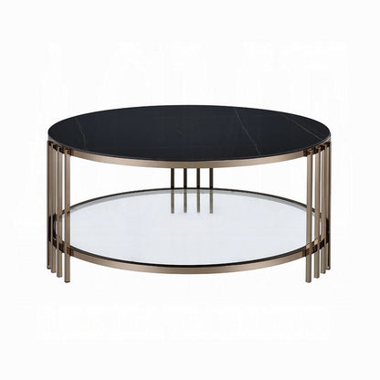 Benjara Abio Coffee Table, 35 Inch, Round Sintered Stone Top, Black And Gold