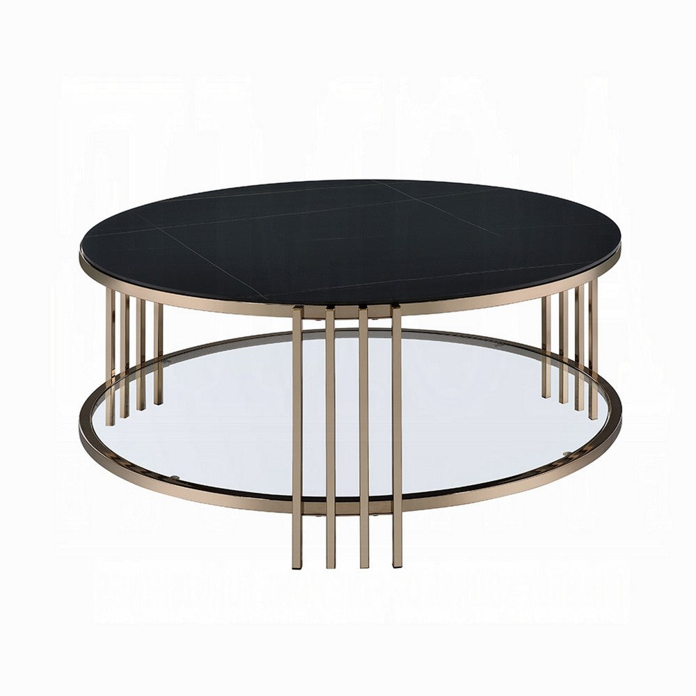 Benjara Abio Coffee Table, 35 Inch, Round Sintered Stone Top, Black And Gold
