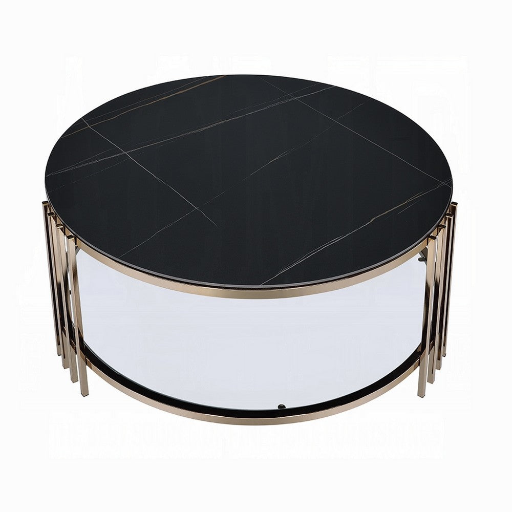 Benjara Abio Coffee Table, 35 Inch, Round Sintered Stone Top, Black And Gold