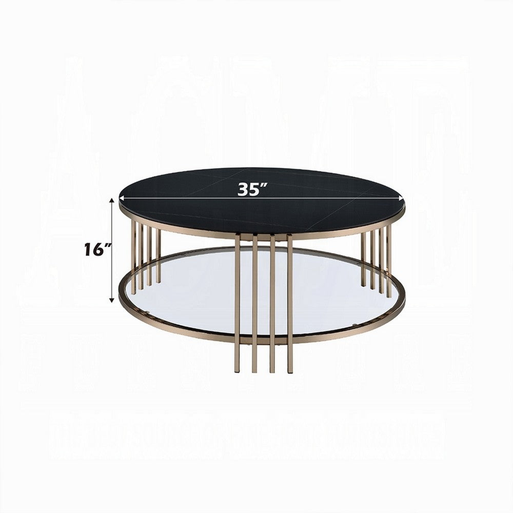 Benjara Abio Coffee Table, 35 Inch, Round Sintered Stone Top, Black And Gold