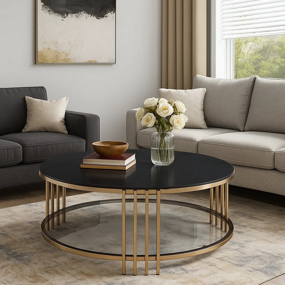 Benjara Abio Coffee Table, 35 Inch, Round Sintered Stone Top, Black And Gold
