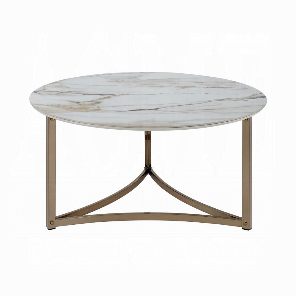Benjara Acor Coffee Table, 35 Inch, Round Sintered Stone Top, White And Gold