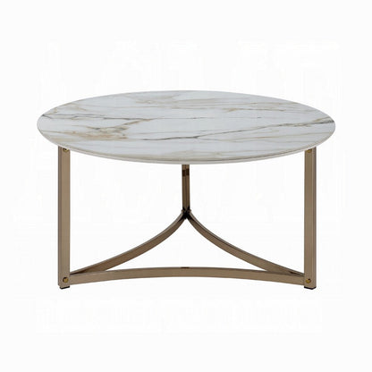Benjara Acor Coffee Table, 35 Inch, Round Sintered Stone Top, White And Gold