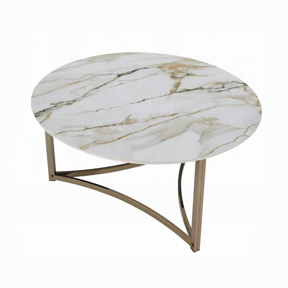 Benjara Acor Coffee Table, 35 Inch, Round Sintered Stone Top, White And Gold