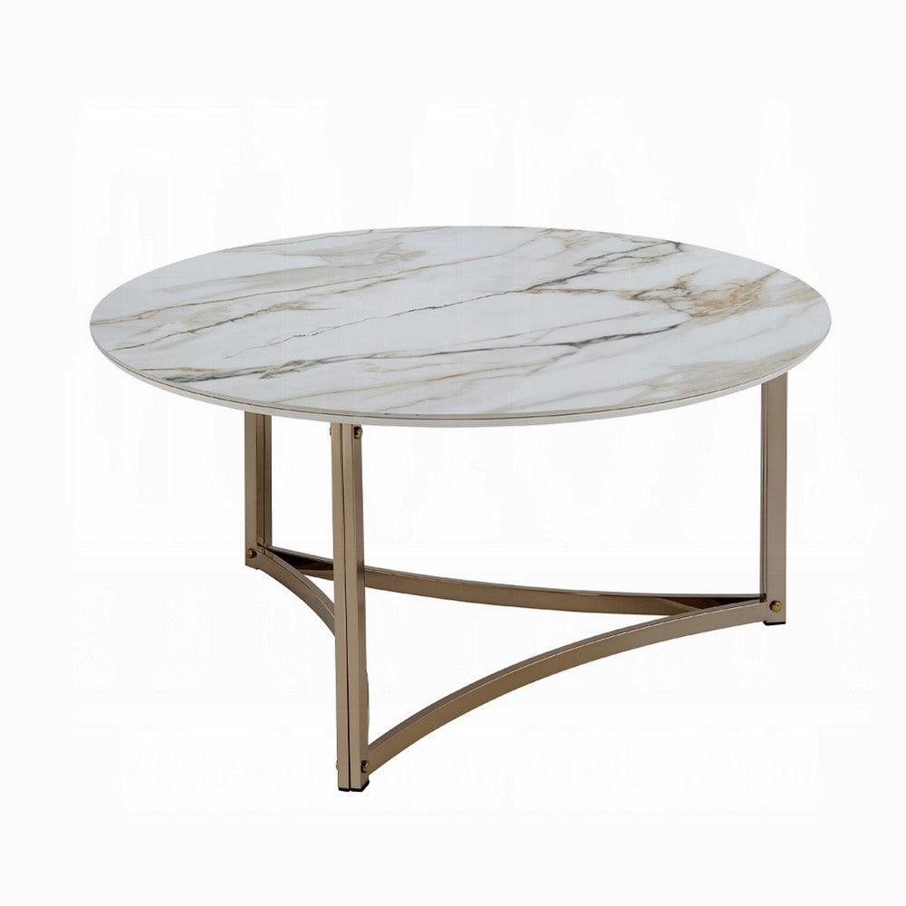 Benjara Acor Coffee Table, 35 Inch, Round Sintered Stone Top, White And Gold