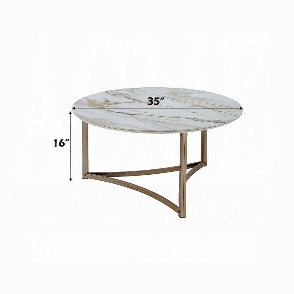 Benjara Acor Coffee Table, 35 Inch, Round Sintered Stone Top, White And Gold