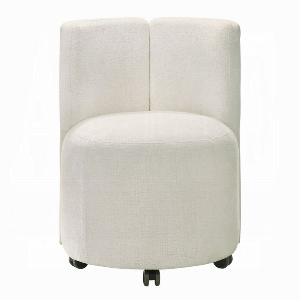 Benjara Yodo Dining Side Chair Set of 2, Rolling Caster Wheels, White Chenille