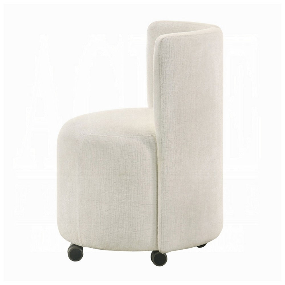 Benjara Yodo Dining Side Chair Set of 2, Rolling Caster Wheels, White Chenille