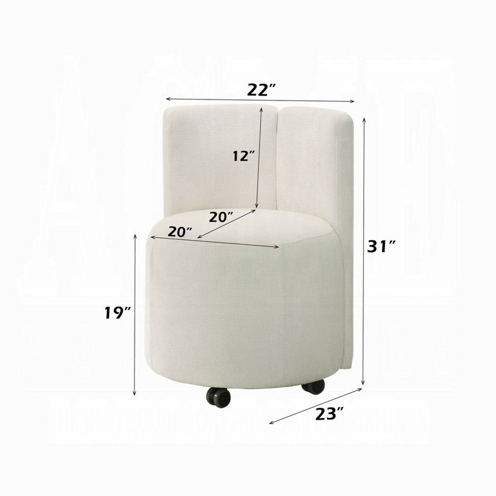 Benjara Yodo Dining Side Chair Set of 2, Rolling Caster Wheels, White Chenille
